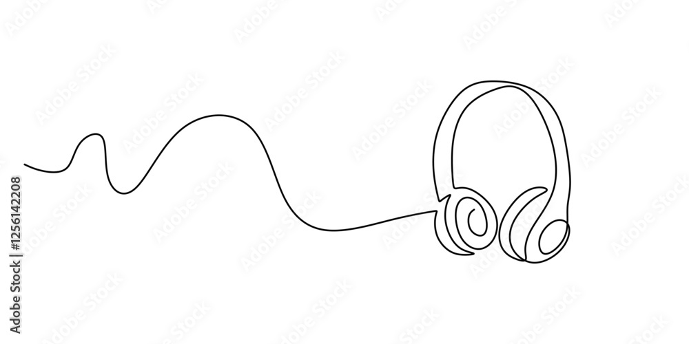 Obraz premium Headset with a microphone in continuous line drawing. Representation of audio communication, customer support, and online meetings.