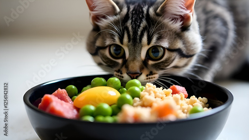Obraz na płótnie A curious cat stares intently at a bowl of vegetables meat and eggs. Concept healthy food for cats. w salonie