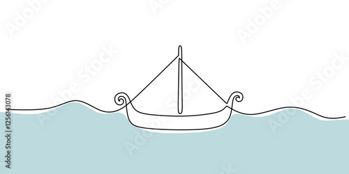 Continuous One line drawing of Viking Ship. Focusing on the shape of the ship and simple sails without excessive details.