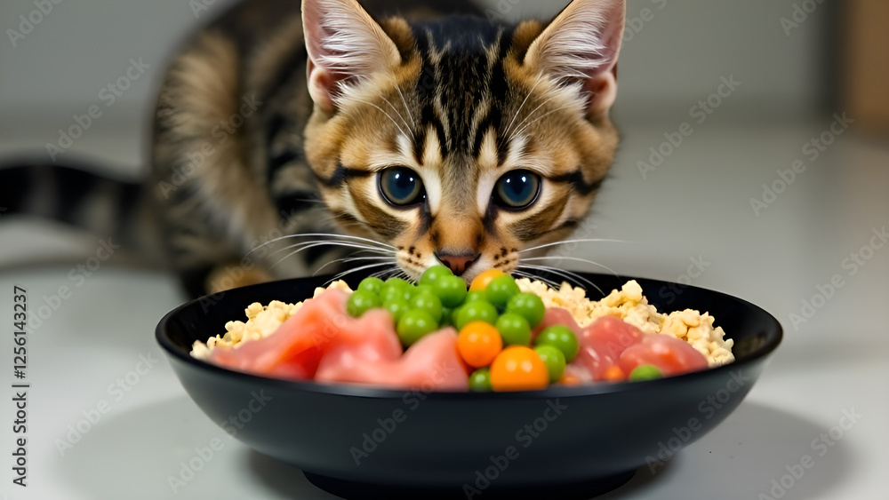 A curious cat stares intently at a bowl of vegetables meat and eggs. Concept healthy food for cats.