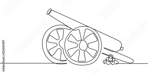 Continuous One line drawing of Cannon. Ancient military defense symbol with basic barrel and wheel details.