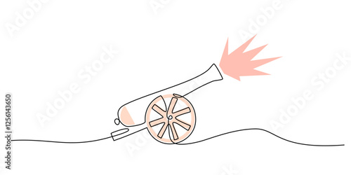 Continuous One line drawing of Cannon. Representing ancient military defense with simple barrel and wheels.