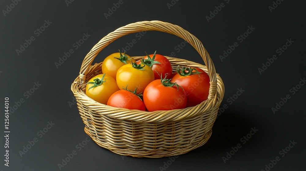 Ripe tomatoes in wicker basket, dark background, food photography Ripe tomatoes in wicker basket, dark background, food photography