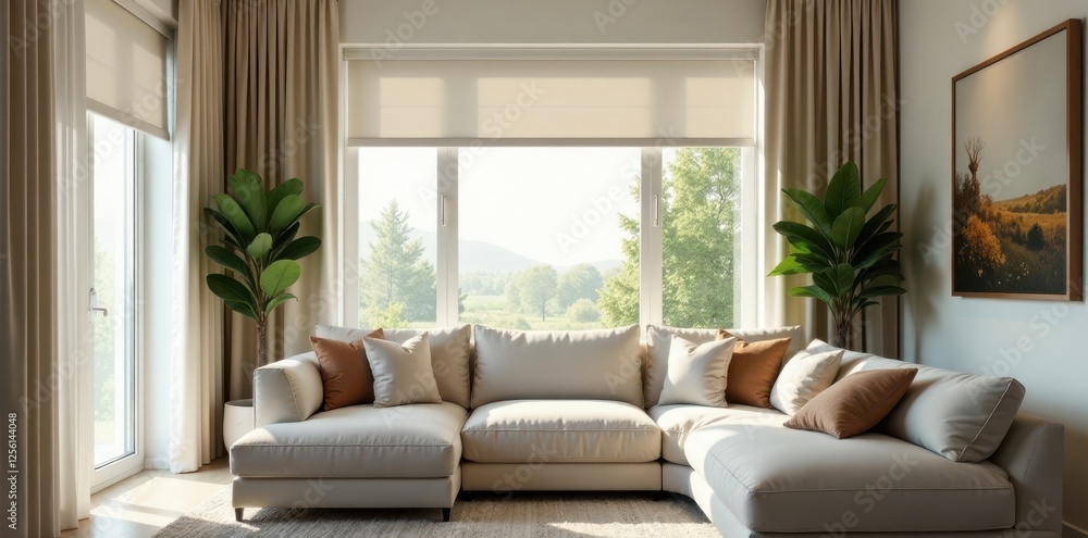 Fototapeta premium Modern Sectional Sofa in Bright Living Room with Large Windows and Natural Light Featuring Neutral Color Palette and Lush Greenery