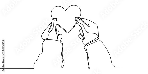 Continuous line drawing of Hand holding a heart. Symbol of affection and giving.