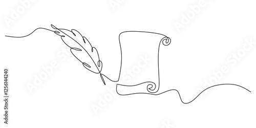 Continuous One line drawing of Traditional Quill and Ink. Classic feather pen with a simple ink bottle.