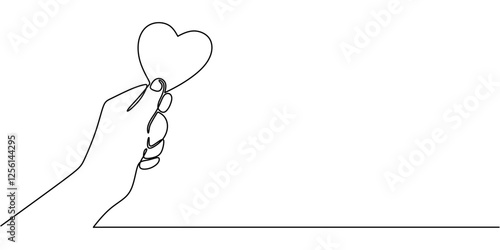 One line drawing of Hand holding a heart. Representing love and giving.