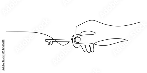 One line drawing of Hand holding a key. Representing property, solution, or security.