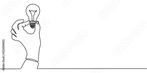 Continuous line drawing of Hand holding a light bulb. Representing idea and innovation.