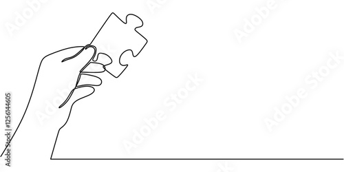 Continuous line drawing of Hand holding a jigsaw puzzle piece. Symbol of solution or unity.