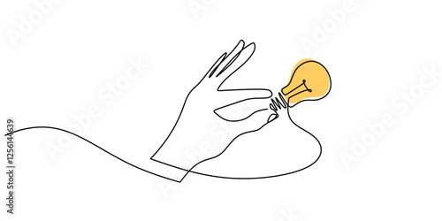 Continuous line drawing of Hand holding a light bulb. Representing idea and innovation.