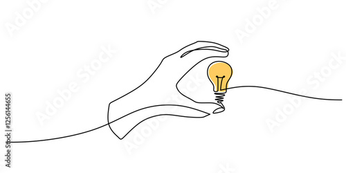 One line drawing of Hand holding a light bulb. Symbol of creativity and invention.