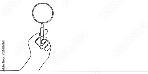 Continuous line drawing of Hand holding a magnifying glass. Representing analysis and observation.