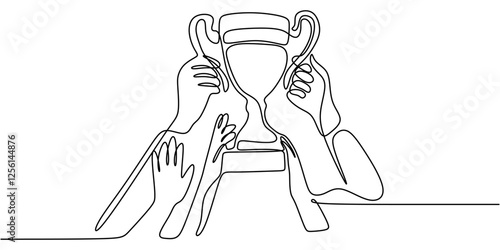 One line drawing of trophy held by many hands. Representing collective success and victory.