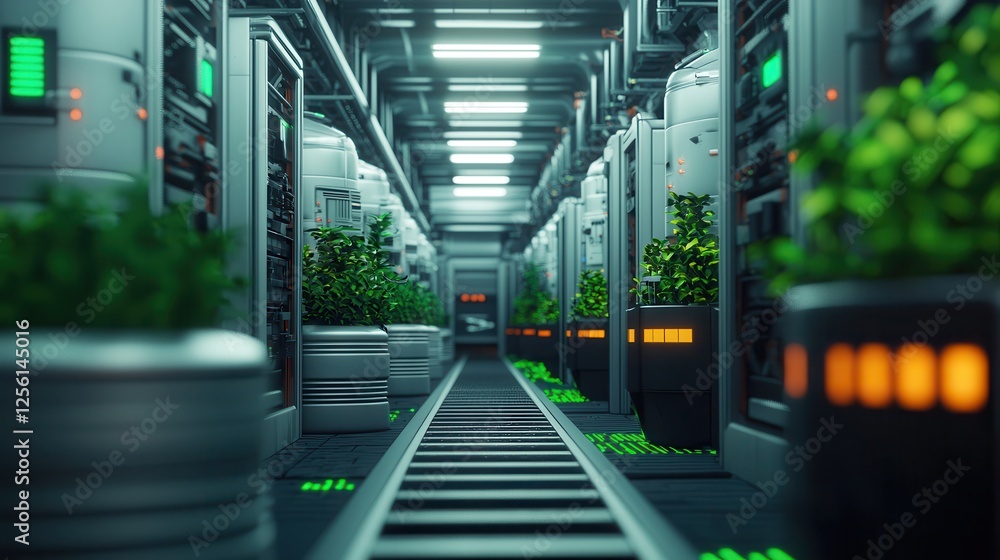 Naklejka premium Futuristic Factory Interior with Zero Emissions and AI Technology