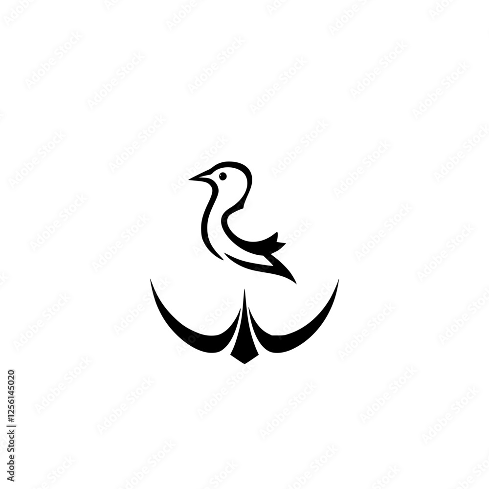 Naklejka premium Minimalist Monochrome Illustration: Modern, minimalist image of a bird perched above a nautical symbol.