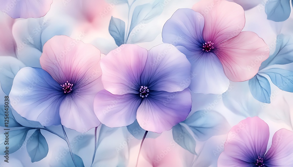 Delicate pastel flowers with translucent petals and leaves on a soft background. Delicate pastel flowers with translucent petals and leaves on a soft background.