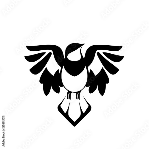 A bold, minimalist, black and white illustration of a bird with a white belly and open wings, set against a white background, in a simple and graphic style.