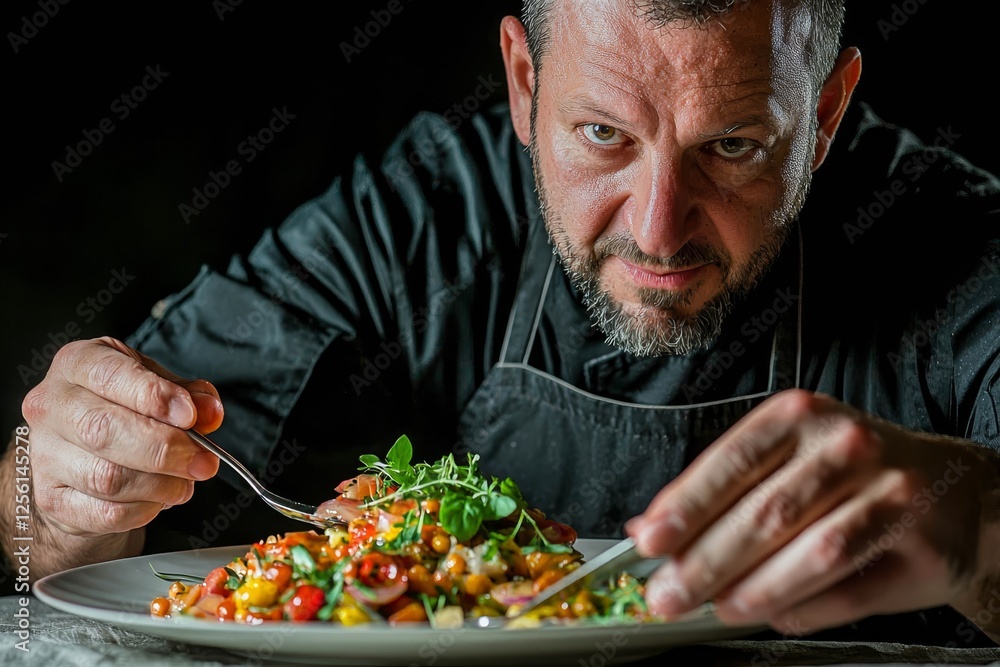 Chef plating a gourmet dish on a neutral background. Chef plating a gourmet dish on a neutral background.
