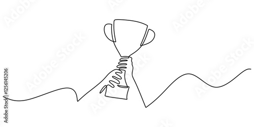 Trophy held by many hands. Teamwork symbol. One line drawing.