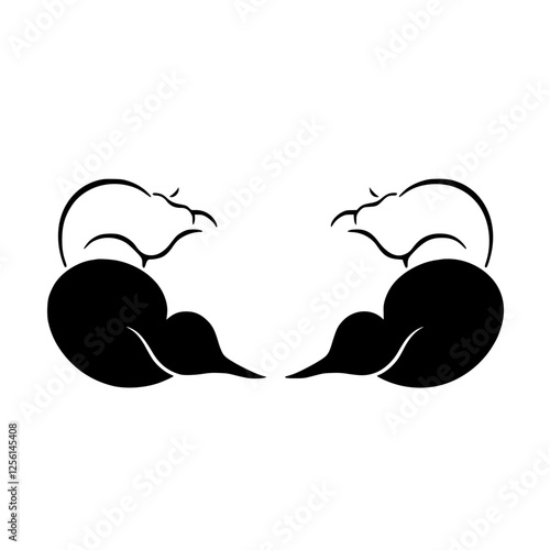 Symmetrical abstract black and white minimalist image featuring opposing animal-like forms, reminiscent of yin and yang, on a white background.