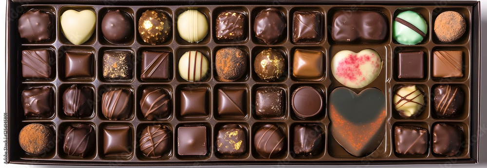 Assorted chocolates in a luxurious gift box in the shape of a heart, for Valentine's Day, top view, photo, on a white background Assorted chocolates in a luxurious gift box in the shape of a heart, for Valentine's Day, top view, photo, on a white background