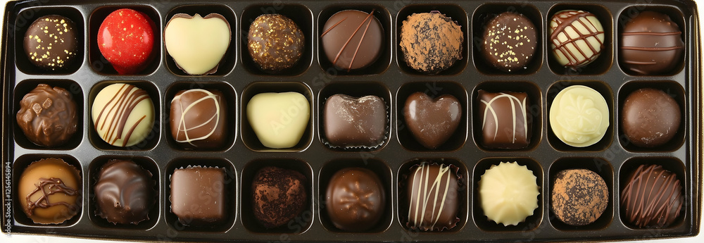 Assorted chocolates in a luxurious gift box in the shape of a heart, for Valentine's Day, top view, photo, on a white background Assorted chocolates in a luxurious gift box in the shape of a heart, for Valentine's Day, top view, photo, on a white background