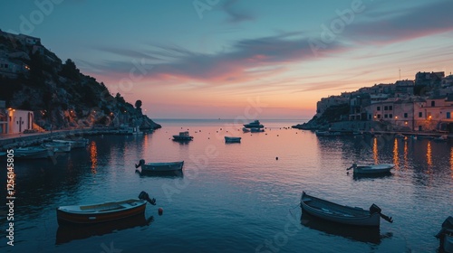 Serene Coastal Sunset Over Tranquil Harbor with Boats and Reflection