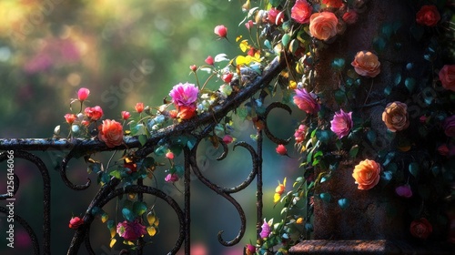 Enchanted Rose Garden: A whimsical digital art depicting vibrant roses climbing a rusty wrought iron fence, bathed in soft sunlight.