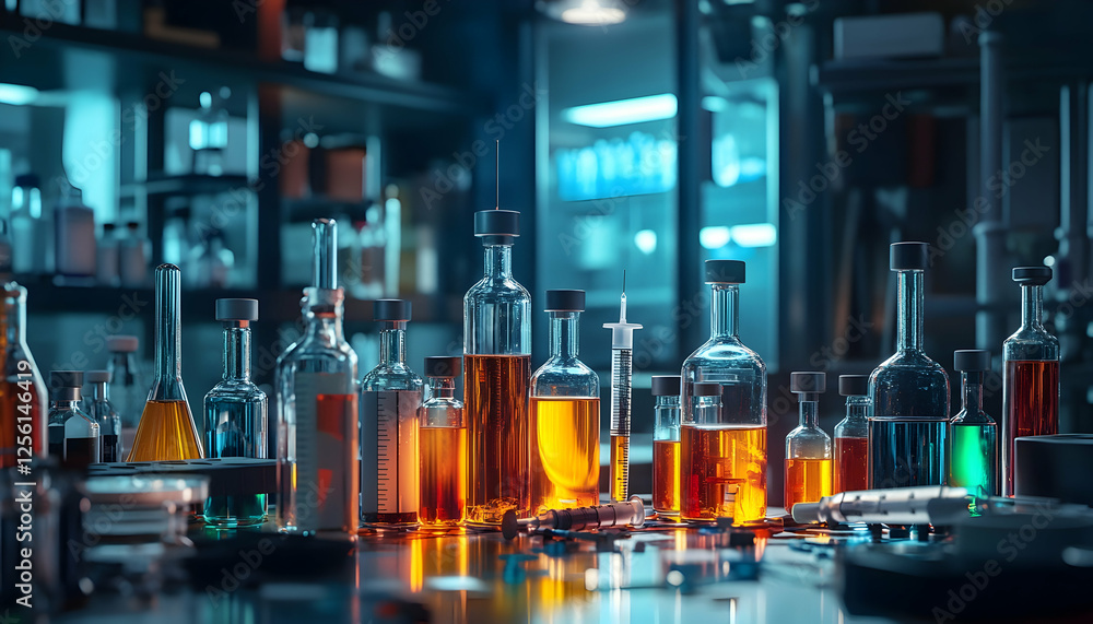 Assorted medical vials and syringes displayed in a well-lit laboratory setting Assorted medical vials and syringes displayed in a well-lit laboratory setting