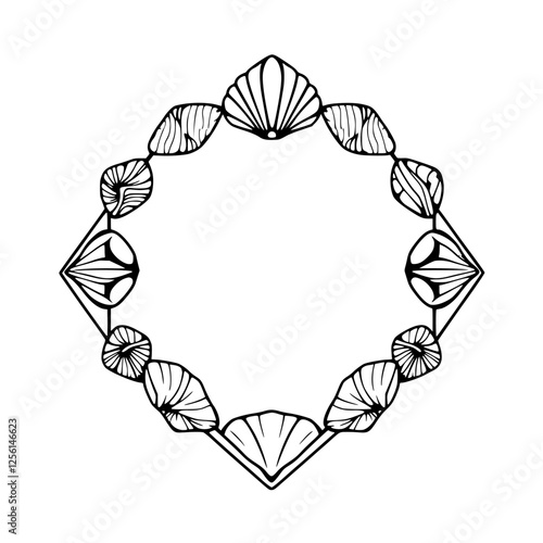Elegant geometric pattern of shells. A minimalist artistic composition of a decorative ornamental frame, in black and white, isolated.