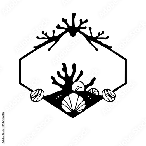 Black and White illustration of a stylized hexagonal frame with seaweeds and shell, enclosed in a modern, minimalist style.