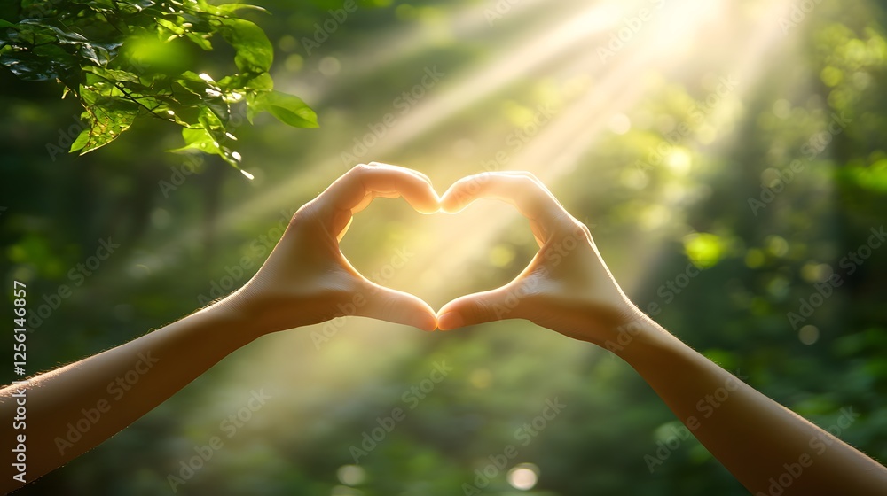 Two hands forming a heart shape with sunlight shining through green leaves in a natural setting Two hands forming a heart shape with sunlight shining through green leaves in a natural setting