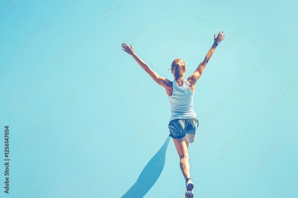 Marathon runner crossing finish line, arms raised on pale blue background.