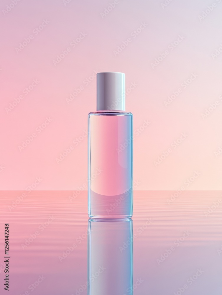 Sleek cosmetic bottle on a reflective surface with clean pastel toned background and blank area for text. Generative AI Sleek cosmetic bottle on a reflective surface with clean pastel toned background and blank area for text. Generative AI