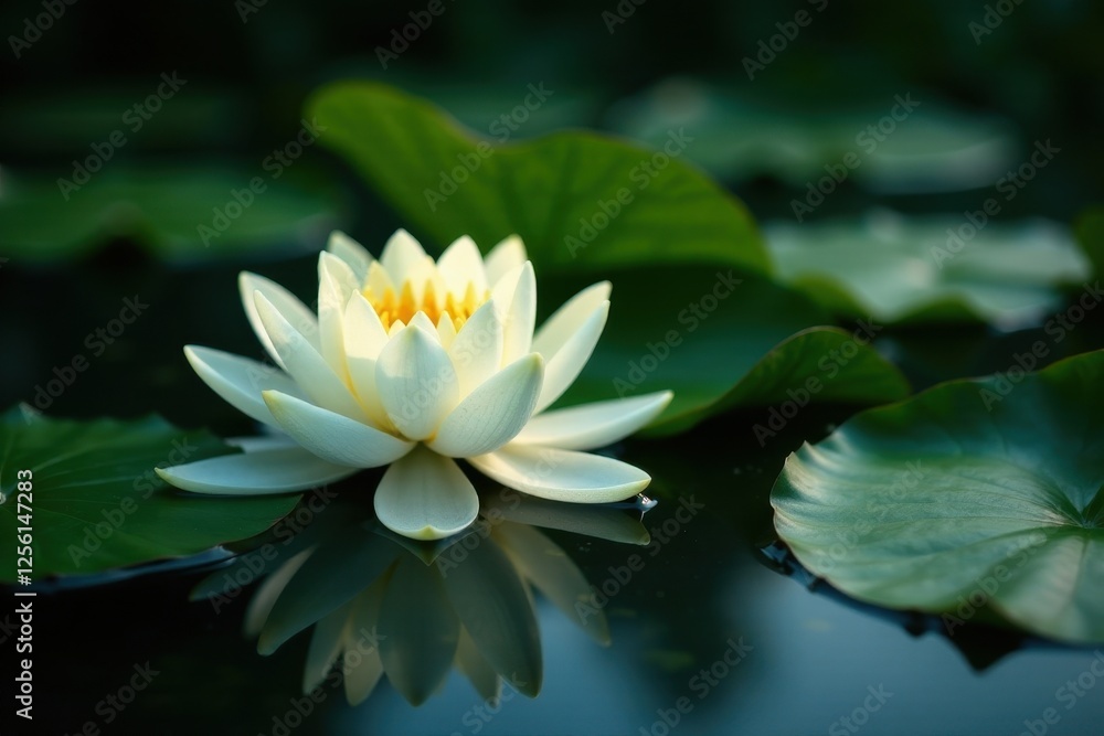 Serene Water Lily Blossom Reflecting in Dark Still Water, Illuminated by Soft Sunlight, Surrounded by Lush Green Lily Pads Serene Water Lily Blossom Reflecting in Dark Still Water, Illuminated by Soft Sunlight, Surrounded by Lush Green Lily Pads