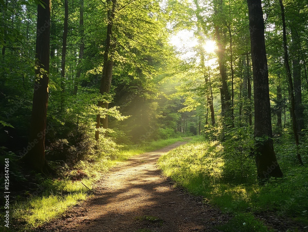 Fototapeta premium Serene Sunlit Forest Path Featuring Lush Greenery and Gentle Sun Rays Amidst Tall Trees in a Peaceful Environment