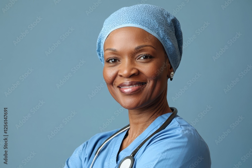 Nurse in scrubs smiling warmly on a pale blue background. Nurse in scrubs smiling warmly on a pale blue background.