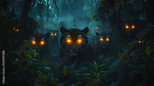 Fototapeta Naklejka Na Ścianę i Meble -  ambush streak head of tigers with hunter predator glowing eyes lurk hide sneak seek stare in the deep scary dark jungle rainforest bush wild animal