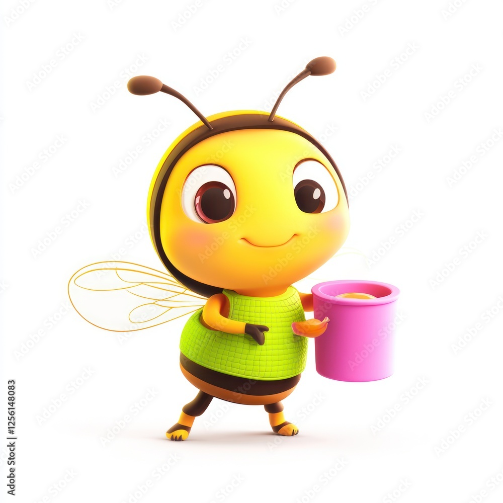 Cartoon bee holding honey pot, cheerful, simple design, use in children's media Cartoon bee holding honey pot, cheerful, simple design, use in children's media