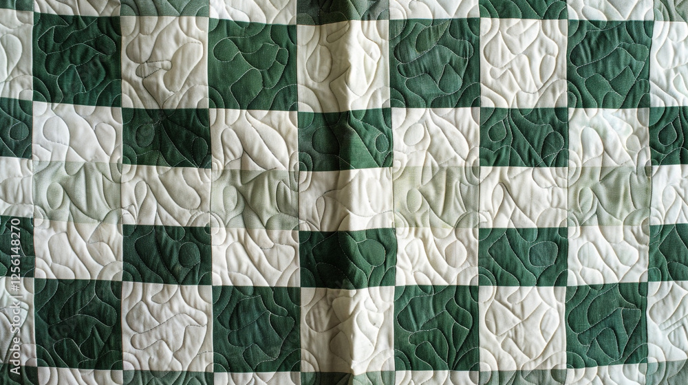 A traditional Irish Chain quilt with linked blocks of deep green and white. The photo beautifully captures the rhythm of the alternating blocks and the clarity of the quilting stitches. A traditional Irish Chain quilt with linked blocks of deep green and white. The photo beautifully captures the rhythm of the alternating blocks and the clarity of the quilting stitches.