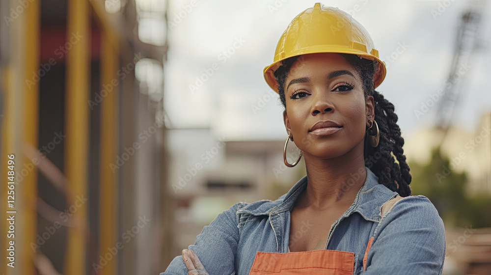 Confident woman in a construction setting wearing a hard hat and denim shirt. Confident woman in a construction setting wearing a hard hat and denim shirt.