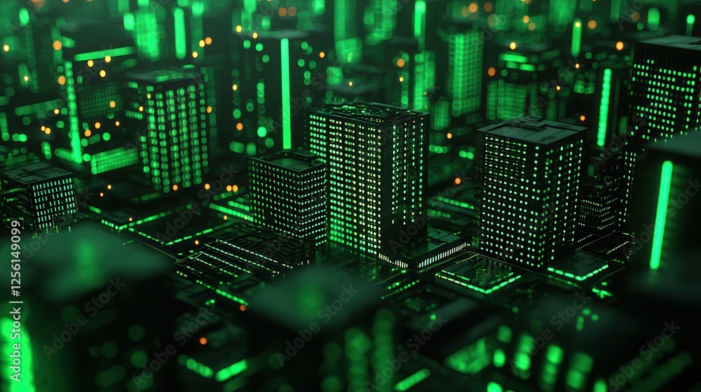 Fototapeta premium Futuristic Smart City with Glowing Green Energy Grids at Night