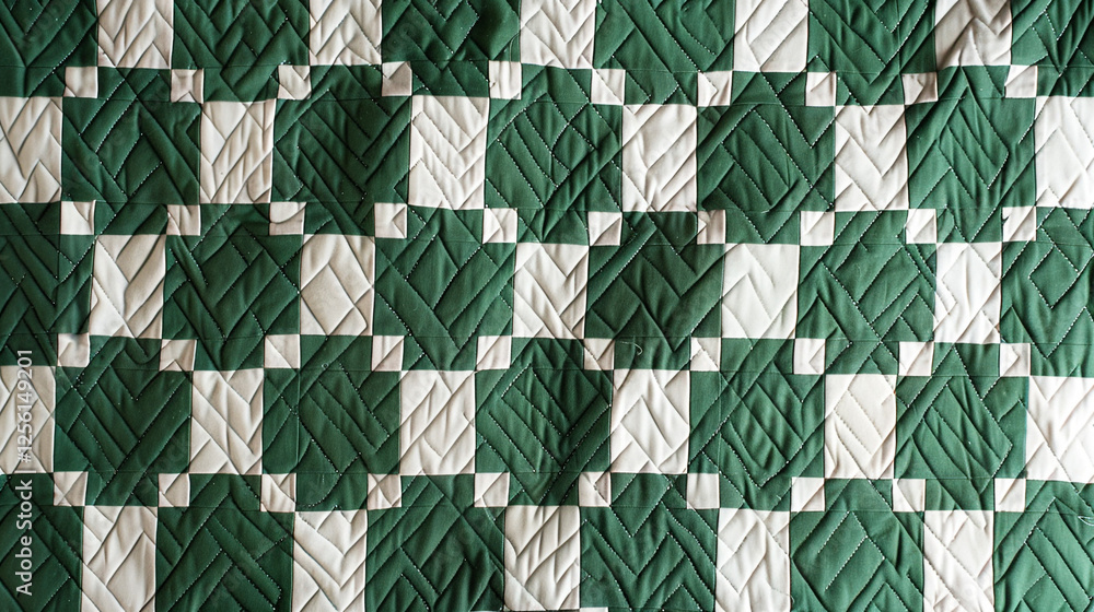 A traditional Irish Chain quilt with linked blocks of deep green and white. The photo beautifully captures the rhythm of the alternating blocks and the clarity of the quilting stitches. A traditional Irish Chain quilt with linked blocks of deep green and white. The photo beautifully captures the rhythm of the alternating blocks and the clarity of the quilting stitches.