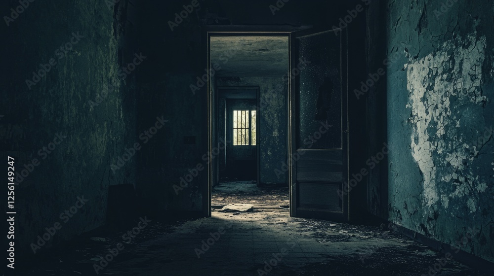 Dark and Abandoned Hallway with Open Door and Faded Walls Dark and Abandoned Hallway with Open Door and Faded Walls