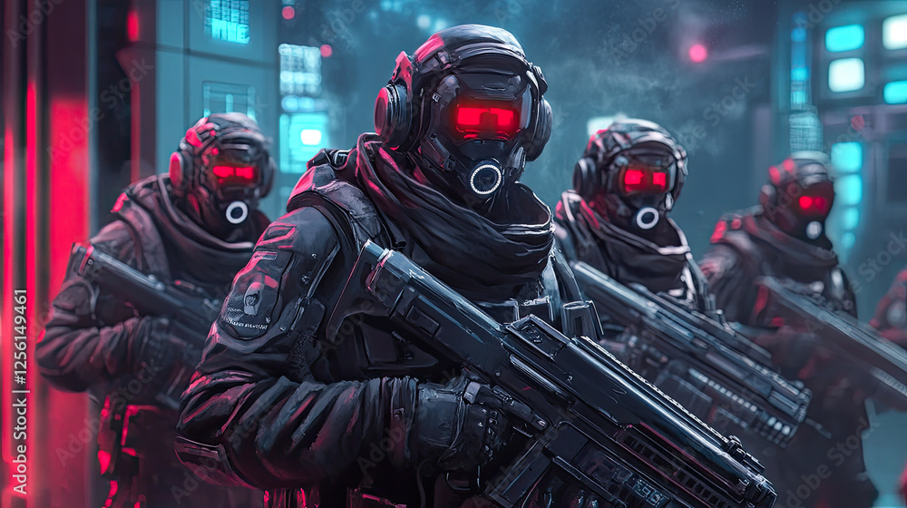 Futuristic soldiers in tactical gear with advanced weaponry and glowing visors. Futuristic soldiers in tactical gear with advanced weaponry and glowing visors.
