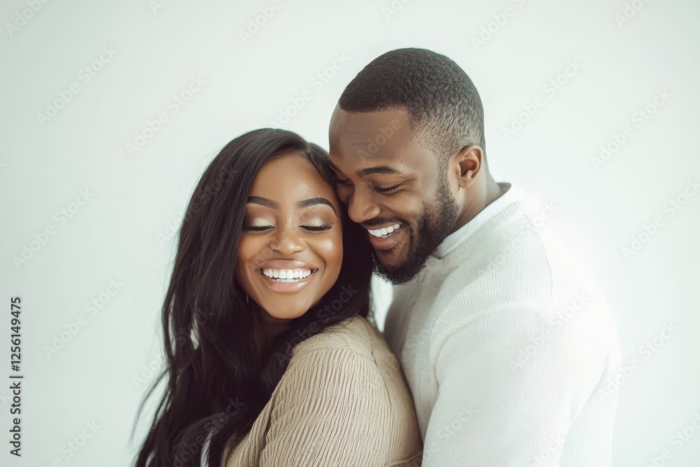 Young couple in casual outfits laughing on plain white background. Young couple in casual outfits laughing on plain white background.