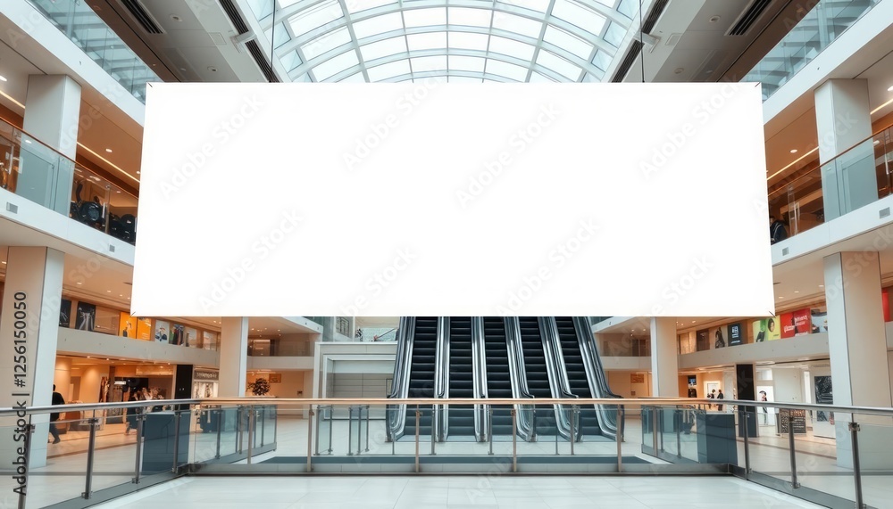 Fototapeta premium Blank white banner hanging in a modern shopping mall. Ideal for advertising mockups, retail spaces, and design elements. Escalators and shops in background.