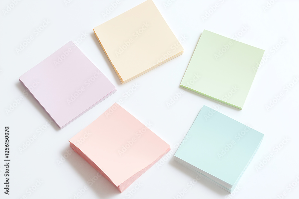 Pastel Post-it Notes: Five pastel colored sticky notes arranged in a circular formation on a minimalist background, creating a visually appealing and organized aesthetic. Pastel Post-it Notes: Five pastel colored sticky notes arranged in a circular formation on a minimalist background, creating a visually appealing and organized aesthetic.