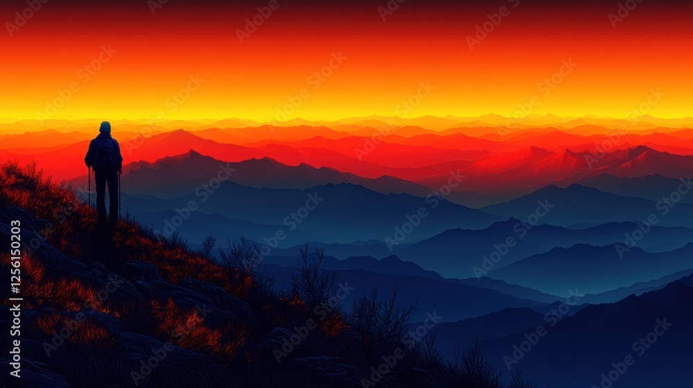 Silhouette of hiker on mountaintop at vibrant sunset, overlooking vast mountain range. Silhouette of hiker on mountaintop at vibrant sunset, overlooking vast mountain range.